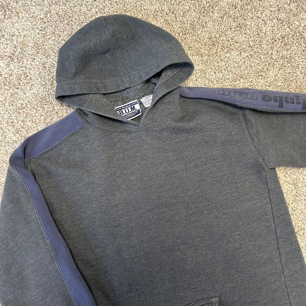 Vintage BUM Equipment Hoodie Sweatshirt Boys Large (10-12) Gray Spellout (339)